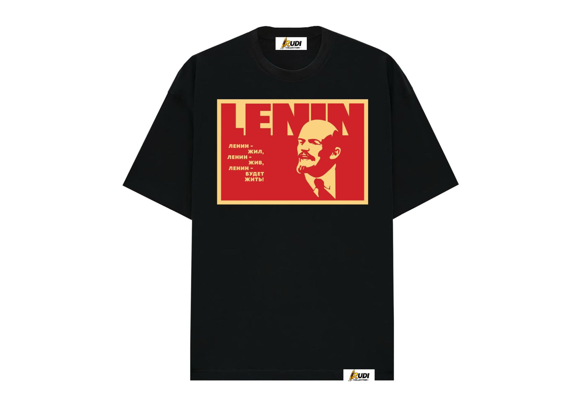 Bold portrait of Vladimir Lenin in red and cream Revolutionary T-shirt