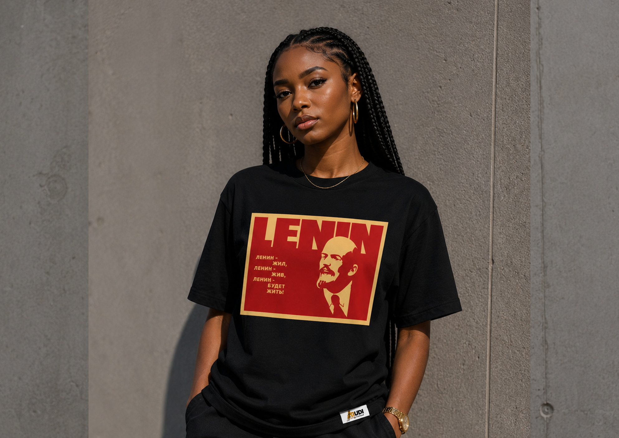 Bold portrait of Vladimir Lenin in red and cream Revolutionary T-shirt