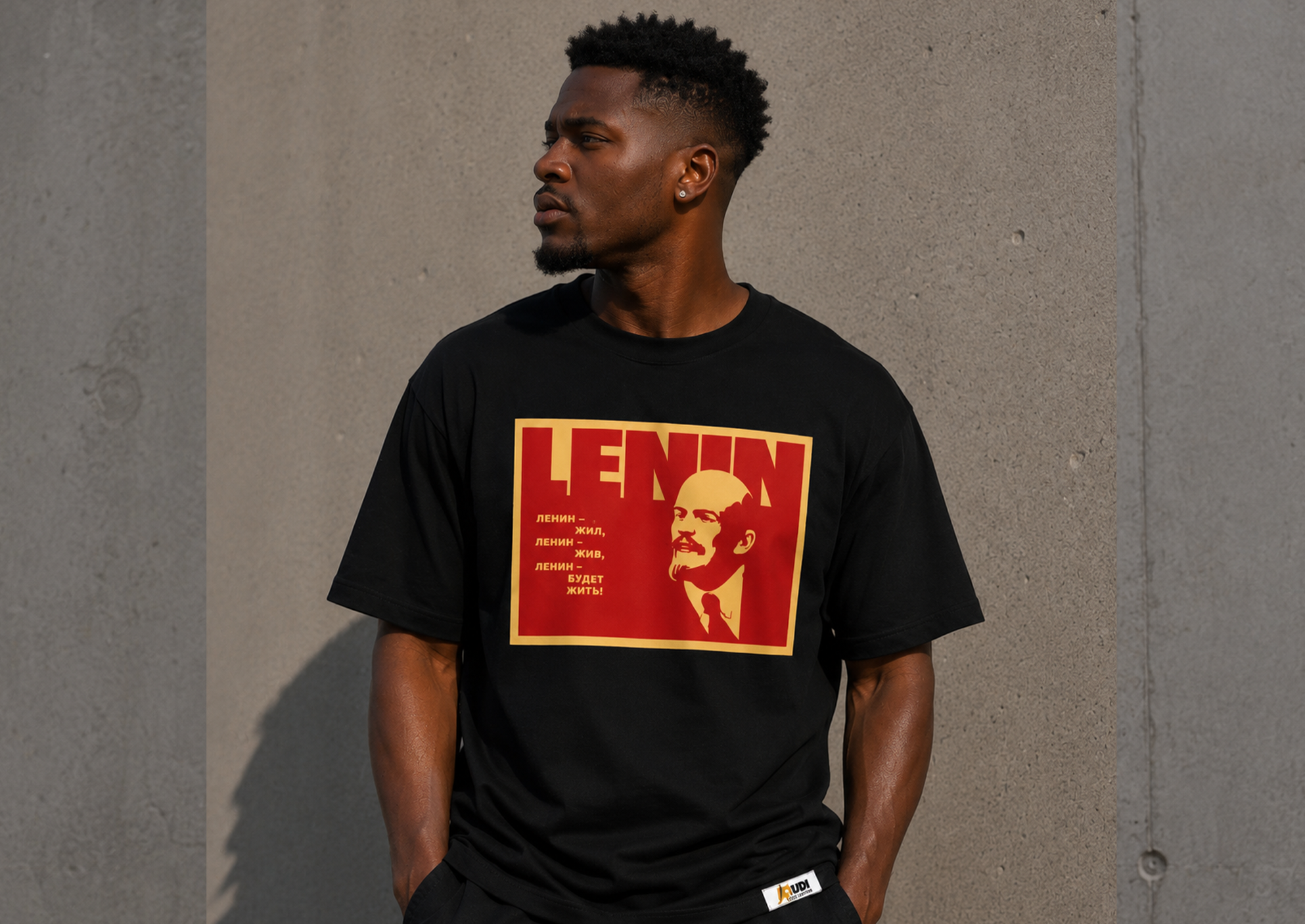 Bold portrait of Vladimir Lenin in red and cream Revolutionary T-shirt